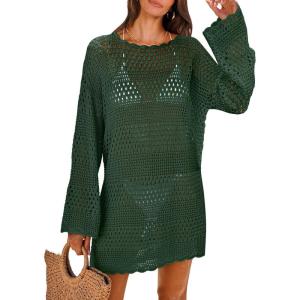 imageANRABESS Women Swimsuit Crochet Swim Cover Up 2025 Summer Bathing Suit Swimwear Mesh Knit Beach Dress Vacation OutfitsDeep Green