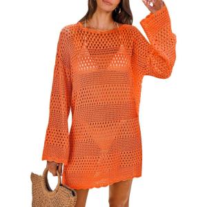 imageANRABESS Women Swimsuit Crochet Swim Cover Up 2025 Summer Bathing Suit Swimwear Mesh Knit Beach Dress Vacation OutfitsOrange