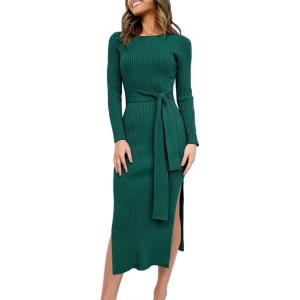 imageANRABESS Womens Long Sleeve Sweater Dress Crew Neck Slim Fit Slit Tie Waist 2025 Ribbed Knit Bodycon Midi Dress Fall OutfitsDark Green