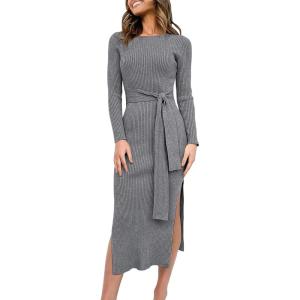 imageANRABESS Womens Long Sleeve Sweater Dress Crew Neck Slim Fit Slit Tie Waist 2025 Ribbed Knit Bodycon Midi Dress Fall OutfitsDark Grey