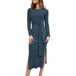 imageANRABESS Womens Long Sleeve Sweater Dress Crew Neck Slim Fit Slit Tie Waist 2025 Ribbed Knit Bodycon Midi Dress Fall OutfitsDusty Blue