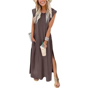 imageANRABESS Womens Maxi Dresses 2025 Summer Casual Sleeveless Sundress Crew Neck Loose Split Beach Long Shirt Dress with PocketsCoffee