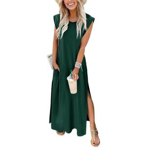 imageANRABESS Womens Maxi Dresses 2025 Summer Casual Sleeveless Sundress Crew Neck Loose Split Beach Long Shirt Dress with PocketsDeep Green