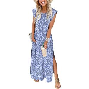 imageANRABESS Womens Maxi Dresses 2025 Summer Casual Sleeveless Sundress Crew Neck Loose Split Beach Long Shirt Dress with PocketsFloral Blue White