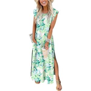imageANRABESS Womens Maxi Dresses 2025 Summer Casual Sleeveless Sundress Crew Neck Loose Split Beach Long Shirt Dress with PocketsFloral Green