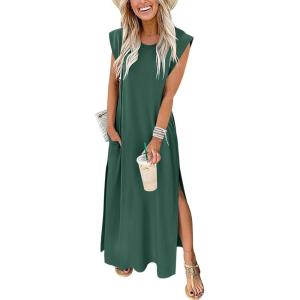 imageANRABESS Womens Maxi Dresses 2025 Summer Casual Sleeveless Sundress Crew Neck Loose Split Beach Long Shirt Dress with PocketsForest Green