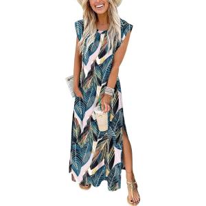 imageANRABESS Womens Maxi Dresses 2025 Summer Casual Sleeveless Sundress Crew Neck Loose Split Beach Long Shirt Dress with PocketsLeaf Printed