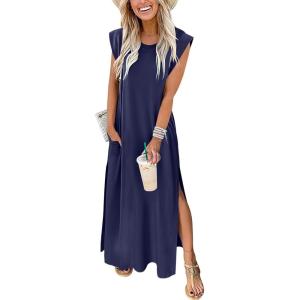 imageANRABESS Womens Maxi Dresses 2025 Summer Casual Sleeveless Sundress Crew Neck Loose Split Beach Long Shirt Dress with PocketsNavy Blue