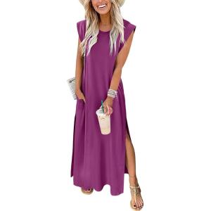 imageANRABESS Womens Maxi Dresses 2025 Summer Casual Sleeveless Sundress Crew Neck Loose Split Beach Long Shirt Dress with PocketsPurple Red
