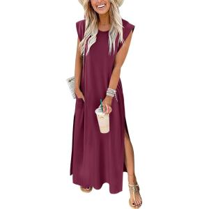 imageANRABESS Womens Maxi Dresses 2025 Summer Casual Sleeveless Sundress Crew Neck Loose Split Beach Long Shirt Dress with PocketsWine Red
