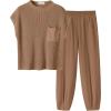imageANRABESS Womens Two Piece Outfits Knit Sweater Vest Crop Top Pants Lounge Matching Tracksuit Sweatsuit Travel Clothes SetsDeep Brown