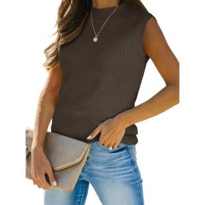 imageANRABESS Womens Summer Sleeveless Tops Casual Mock Neck Loose Fit Knit Lightweight Sweater Pullover TopBrown