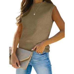 imageANRABESS Womens Summer Sleeveless Tops Casual Mock Neck Loose Fit Knit Lightweight Sweater Pullover TopCamel
