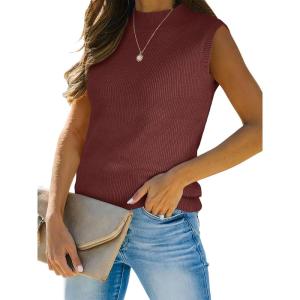 imageANRABESS Womens Summer Sleeveless Tops Casual Mock Neck Loose Fit Knit Lightweight Sweater Pullover TopMaroon