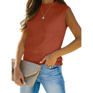 imageANRABESS Womens Summer Sleeveless Tops Casual Mock Neck Loose Fit Knit Lightweight Sweater Pullover TopRust