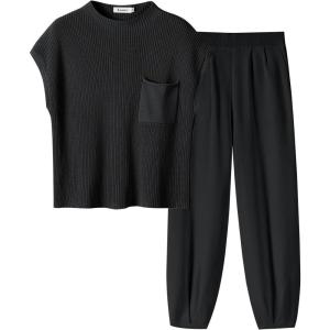 imageANRABESS Womens Two Piece Outfits Knit Sweater Vest Crop Top Pants Lounge Matching Tracksuit Sweatsuit Travel Clothes SetsBlack