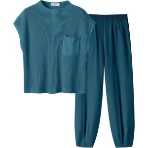 imageANRABESS Womens Two Piece Outfits Knit Sweater Vest Crop Top Pants Lounge Matching Tracksuit Sweatsuit Travel Clothes SetsBlue