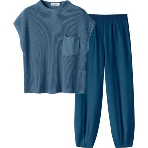 imageANRABESS Womens Two Piece Outfits Knit Sweater Vest Crop Top Pants Lounge Matching Tracksuit Sweatsuit Travel Clothes SetsDeep Blue