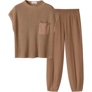 imageANRABESS Womens Two Piece Outfits Knit Sweater Vest Crop Top Pants Lounge Matching Tracksuit Sweatsuit Travel Clothes SetsDeep Brown