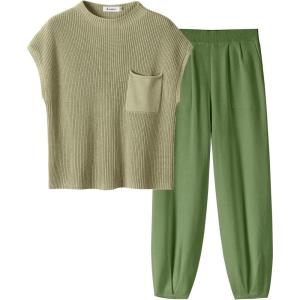 imageANRABESS Womens Two Piece Outfits Knit Sweater Vest Crop Top Pants Lounge Matching Tracksuit Sweatsuit Travel Clothes SetsGrass