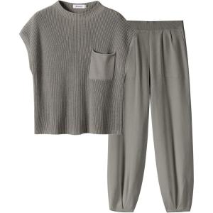 imageANRABESS Womens Two Piece Outfits Knit Sweater Vest Crop Top Pants Lounge Matching Tracksuit Sweatsuit Travel Clothes SetsGrey
