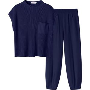 imageANRABESS Womens Two Piece Outfits Knit Sweater Vest Crop Top Pants Lounge Matching Tracksuit Sweatsuit Travel Clothes SetsNavy Blue