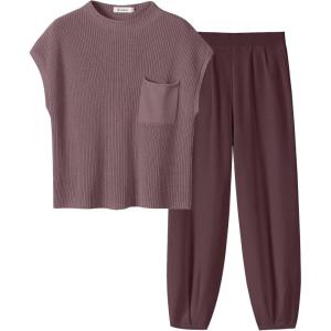imageANRABESS Womens Two Piece Outfits Knit Sweater Vest Crop Top Pants Lounge Matching Tracksuit Sweatsuit Travel Clothes SetsNutmeg
