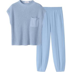 imageANRABESS Womens Two Piece Outfits Knit Sweater Vest Crop Top Pants Lounge Matching Tracksuit Sweatsuit Travel Clothes SetsSky