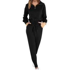 imageANRABESS Womens Two Piece Outfits Sweater Sets Long Sleeve Zip Up Knit Pullover Jogger Pants Tracksuit 2024 Fall Lounge SetsBlack