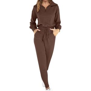 imageANRABESS Womens Two Piece Outfits Sweater Sets Long Sleeve Zip Up Knit Pullover Jogger Pants Tracksuit 2024 Fall Lounge SetsBrown