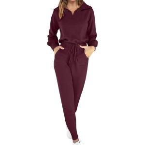 imageANRABESS Womens Two Piece Outfits Sweater Sets Long Sleeve Zip Up Knit Pullover Jogger Pants Tracksuit 2024 Fall Lounge SetsBurgundy
