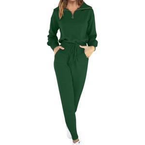 imageANRABESS Womens Two Piece Outfits Sweater Sets Long Sleeve Zip Up Knit Pullover Jogger Pants Tracksuit 2024 Fall Lounge SetsDeep Green