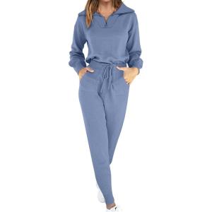 imageANRABESS Womens Two Piece Outfits Sweater Sets Long Sleeve Zip Up Knit Pullover Jogger Pants Tracksuit 2024 Fall Lounge SetsGrey Blue