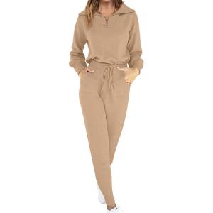 imageANRABESS Womens Two Piece Outfits Sweater Sets Long Sleeve Zip Up Knit Pullover Jogger Pants Tracksuit 2024 Fall Lounge SetsKhaki