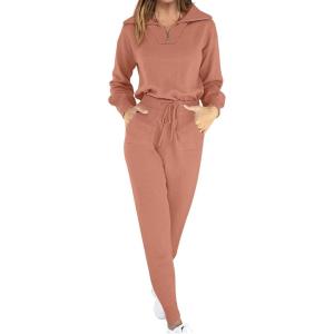 imageANRABESS Womens Two Piece Outfits Sweater Sets Long Sleeve Zip Up Knit Pullover Jogger Pants Tracksuit 2024 Fall Lounge SetsRust
