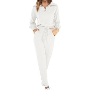 imageANRABESS Womens Two Piece Outfits Sweater Sets Long Sleeve Zip Up Knit Pullover Jogger Pants Tracksuit 2024 Fall Lounge SetsWhite