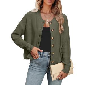 imageANRABESS Women Knit Cardigans Sweater Open Front Button Down Long Sleeve Cropped Lady Jacket Outwear 2025 Spring OutfitsArmy Green