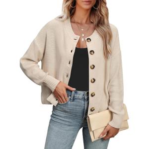 imageANRABESS Women Knit Cardigans Sweater Open Front Button Down Long Sleeve Cropped Lady Jacket Outwear 2025 Spring OutfitsBegie