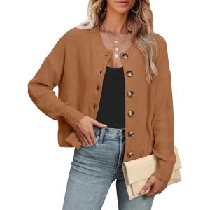imageANRABESS Women Knit Cardigans Sweater Open Front Button Down Long Sleeve Cropped Lady Jacket Outwear 2025 Spring OutfitsBrown