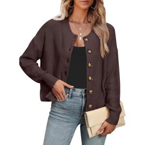 imageANRABESS Women Knit Cardigans Sweater Open Front Button Down Long Sleeve Cropped Lady Jacket Outwear 2025 Spring OutfitsCoffee