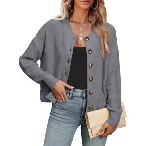 imageANRABESS Women Knit Cardigans Sweater Open Front Button Down Long Sleeve Cropped Lady Jacket Outwear 2025 Spring OutfitsDeep Grey