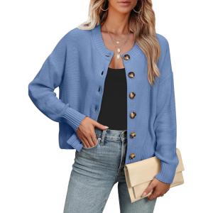 imageANRABESS Women Knit Cardigans Sweater Open Front Button Down Long Sleeve Cropped Lady Jacket Outwear 2025 Spring OutfitsDenim Blue