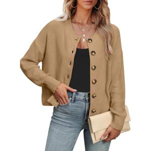 imageANRABESS Women Knit Cardigans Sweater Open Front Button Down Long Sleeve Cropped Lady Jacket Outwear 2025 Spring OutfitsKhaki