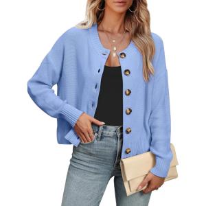 imageANRABESS Women Knit Cardigans Sweater Open Front Button Down Long Sleeve Cropped Lady Jacket Outwear 2025 Spring OutfitsLight Blue