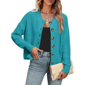 imageANRABESS Women Knit Cardigans Sweater Open Front Button Down Long Sleeve Cropped Lady Jacket Outwear 2025 Spring OutfitsPeacock Blue