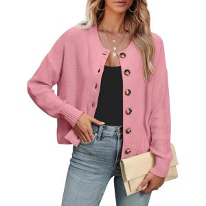 imageANRABESS Women Knit Cardigans Sweater Open Front Button Down Long Sleeve Cropped Lady Jacket Outwear 2025 Spring OutfitsPink