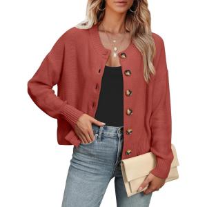 imageANRABESS Women Knit Cardigans Sweater Open Front Button Down Long Sleeve Cropped Lady Jacket Outwear 2025 Spring OutfitsRust