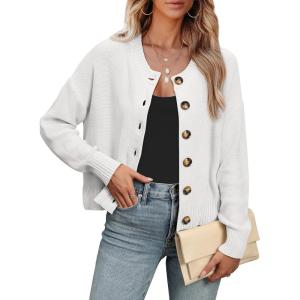 imageANRABESS Women Knit Cardigans Sweater Open Front Button Down Long Sleeve Cropped Lady Jacket Outwear 2025 Spring OutfitsWhite