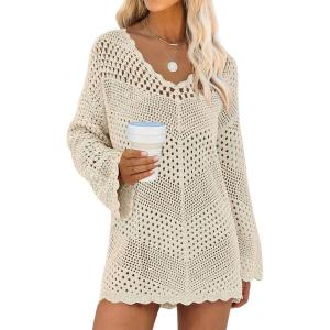 imageANRABESS Women Swimsuit Crochet Swim Cover Up Summer Bathing Suit Swimwear V Neck Mesh Knit Beach Dress Vacation OutfitsBeige