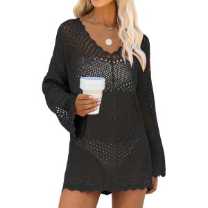 imageANRABESS Women Swimsuit Crochet Swim Cover Up Summer Bathing Suit Swimwear V Neck Mesh Knit Beach Dress Vacation OutfitsBlack